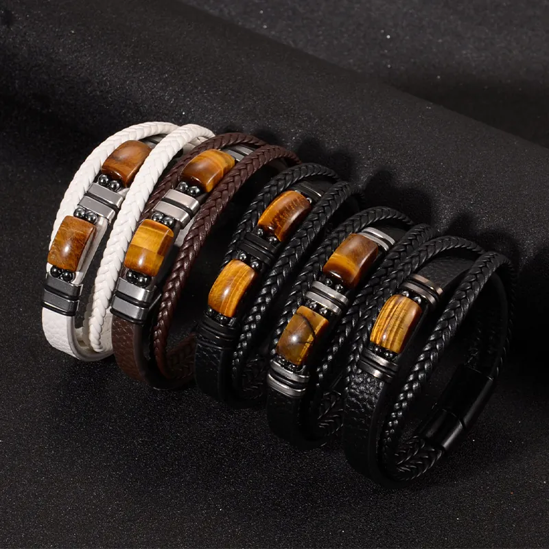 Men Multi Layered Braided Leather Bracelet With Natural Tiger Eye Stone Stainless Steel Magnetic Clasp Vintage Jewelry