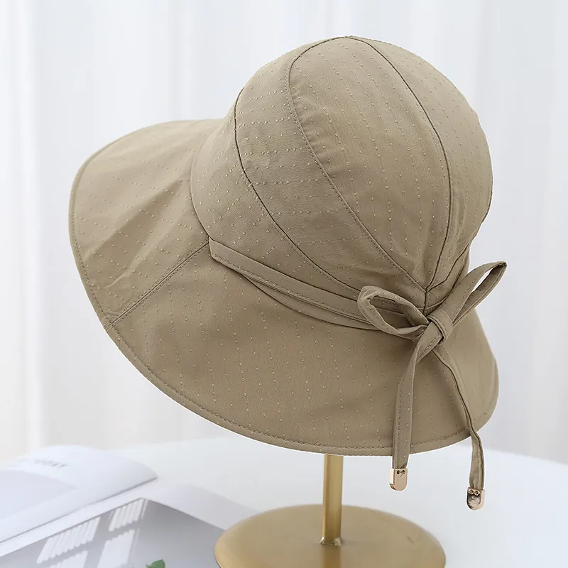 Women Sun Bucket Hat Wide Brim UV Protection Foldable Bowknot Ribbon Metal Tips Jacquard Fabric Elegant Summer Beach