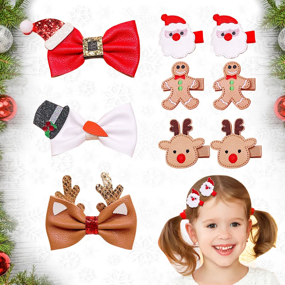 Christmas Hair Clips Kids Girls Glitter Bowknot Reindeer Santa Claus Gingerbread Man Snowman Leather Felt Headwear Hairpins