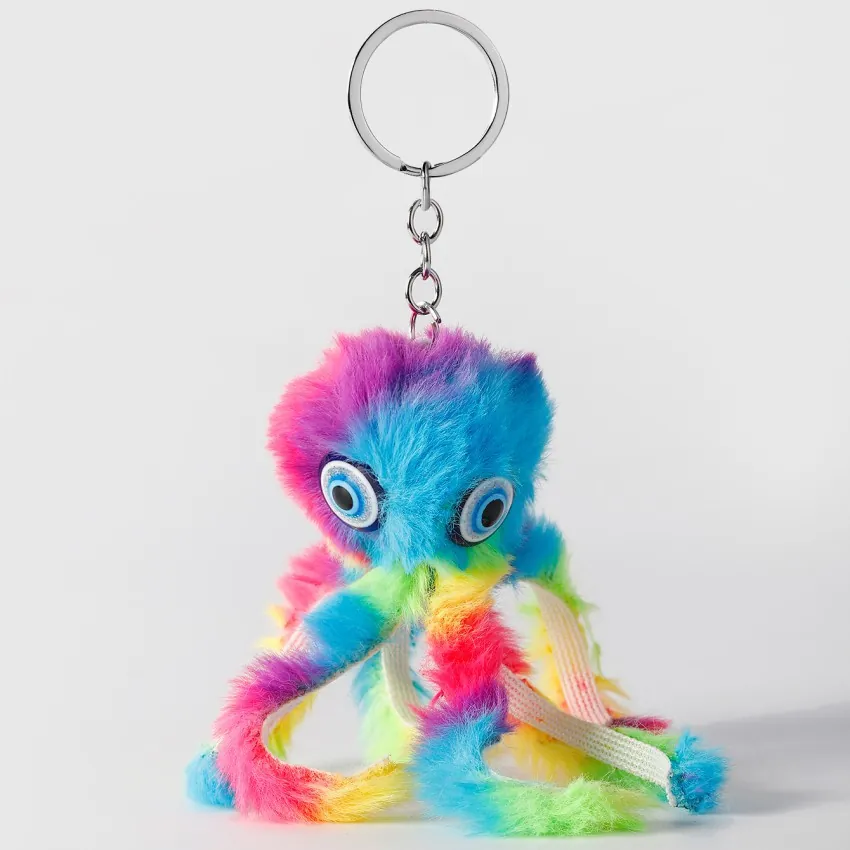 Porte-clés Poulpe En Peluche Mignon Dégradé Coloré Pendentif De Sac Anneau Métallique Accessoire De Mode Pour Femmes Filles