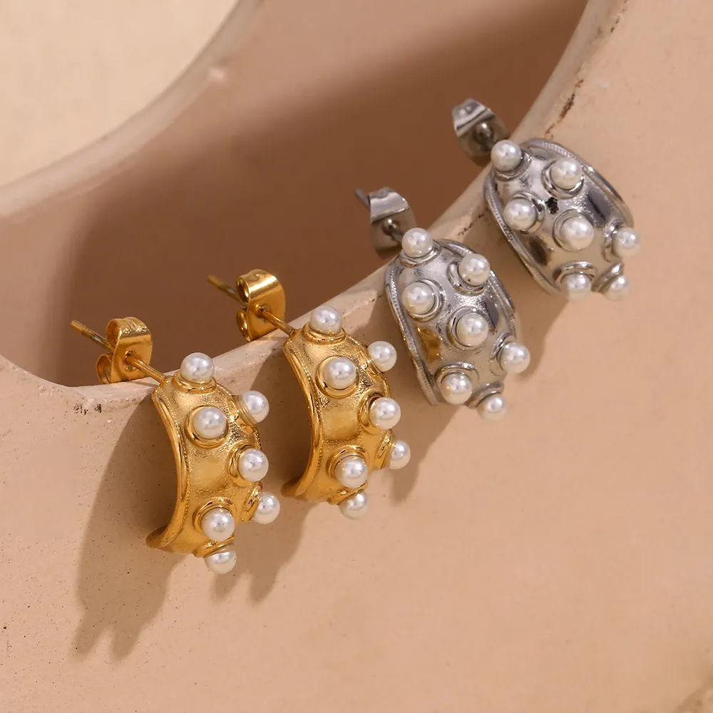 Boucles D'oreilles Puces Lune Rétro Acier Inoxydable Avec Künstliche Perle D'imitation Forme C Bijoux Géométriques Femmes