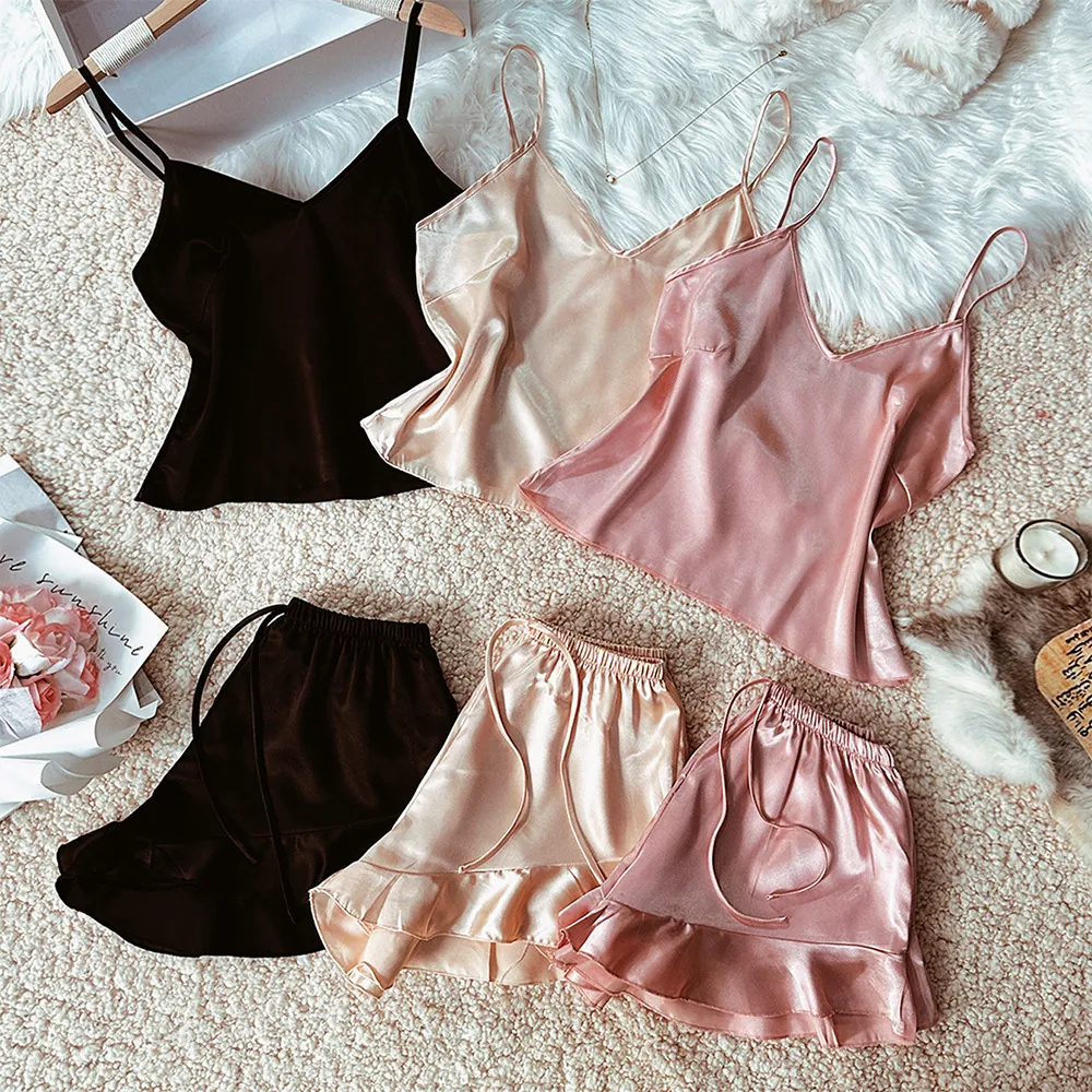 Women Sexy Satin Pajamas Set Spaghetti Strap V Neck Camisole And Ruffle Shorts Sleepwear Home Wear Top And Bottom