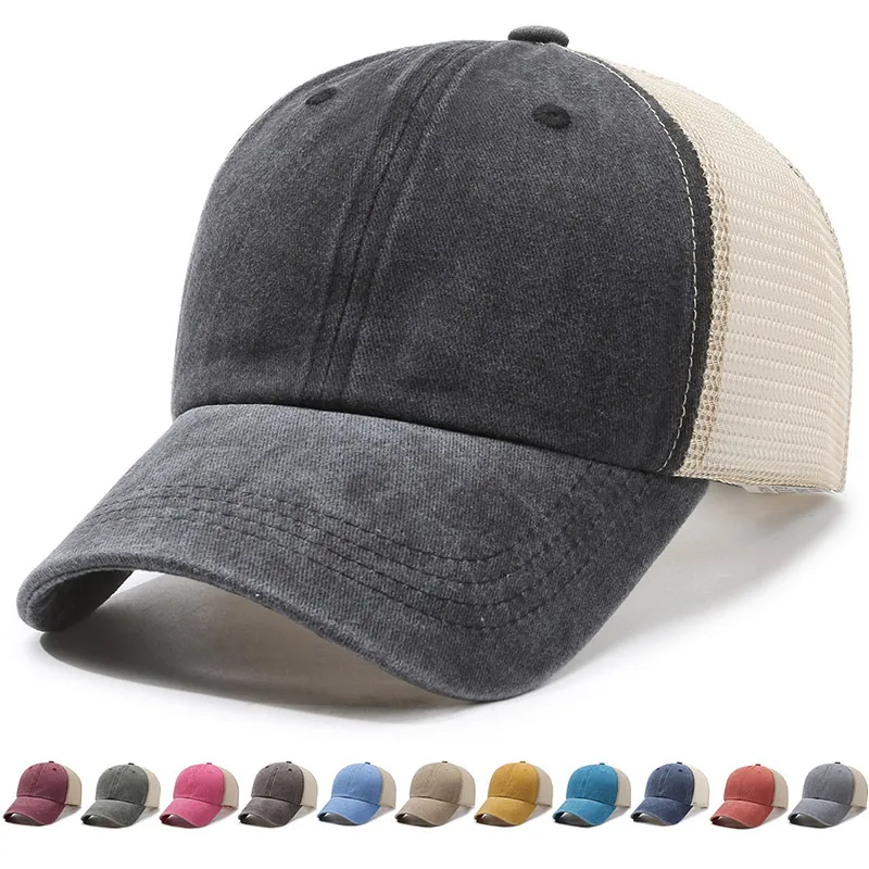 Vintage Washed Cotton Mesh Trucker Hat Atmungsaktive Baseballkappe Distressed Retro Sonnenschutz Verstellbar Unisex