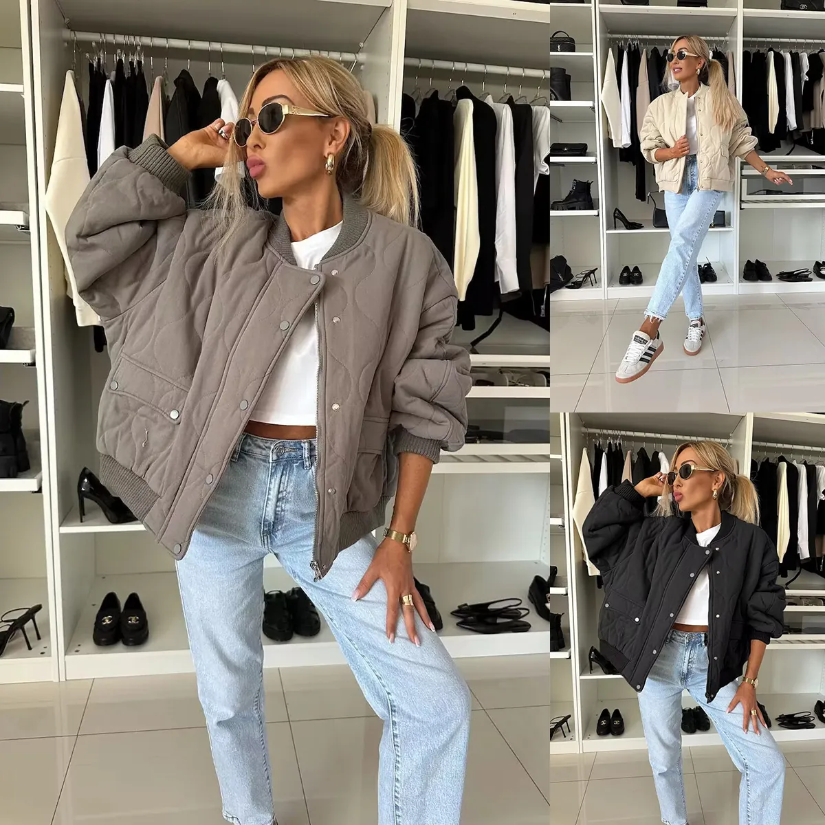 Women Quilted Bomber Jacket Casual Long Sleeve Button Down Padded Puffer Coat Loose Solid Color Autumn Winter Outerwear