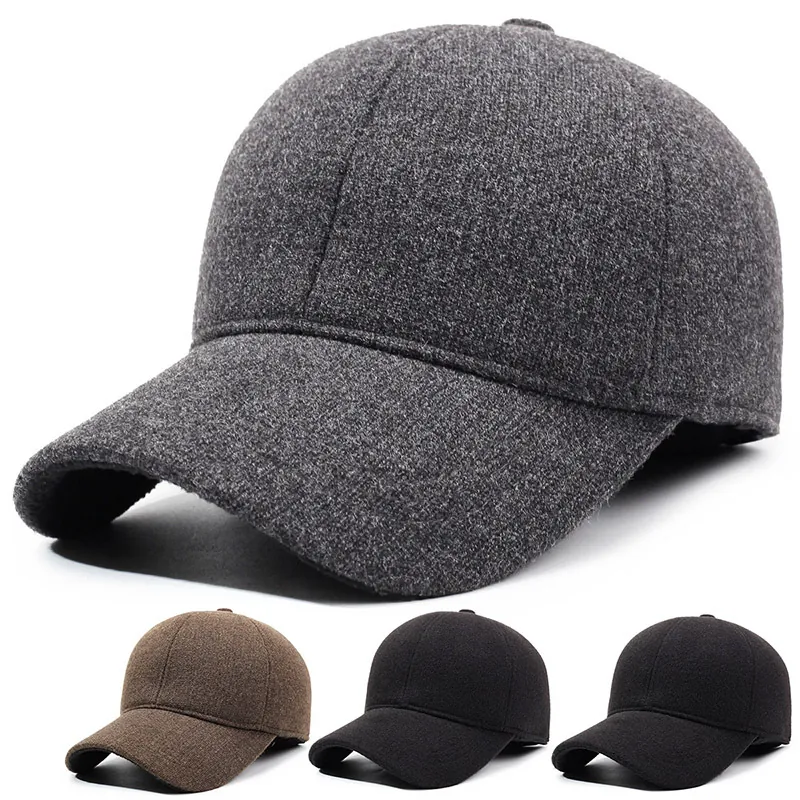 Men Winter Baseball Cap Woolen Thick Warm Hat With Foldable Ear Flaps Outdoor Sports Adjustable Solid Color