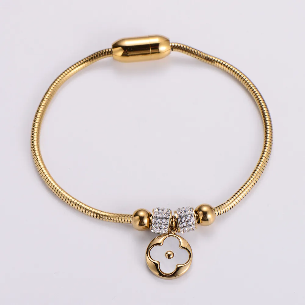 316L Stainless Steel Snake Bone Chain Bracelet White Shell Four Leaf Clover Pendant Zircon Inlaid Magnetic Clasp Women