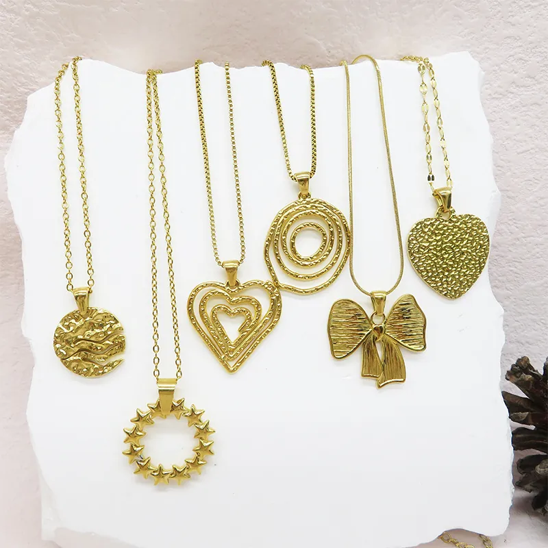 18K Gold Plated Stainless Steel Pendant Necklace For Women Heart Bow Star Hammered Circle Geometric Minimalist Fashion Jewelry