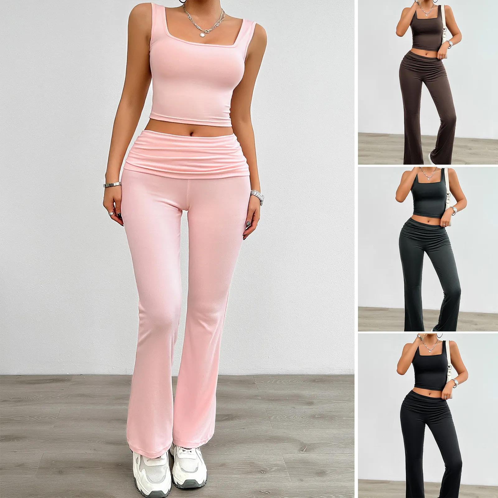 Women Sleeveless Square Neck Tank Top And High Waist Bell Bottom Flare Pants Polyester Elastane Rib Knit Summer Casual