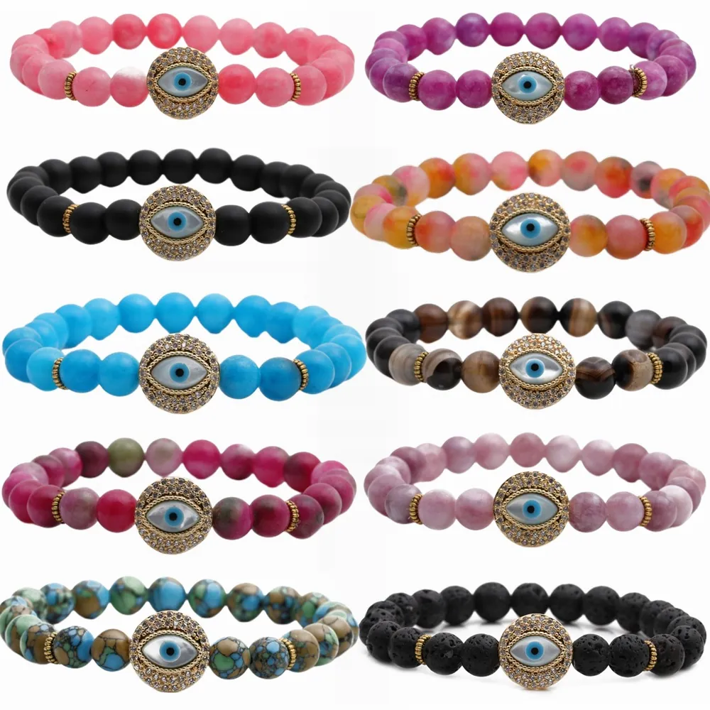 Evil Eye Beaded Bracelet Natural Stone Lava Stone Agate Alloy Rhinestone Charm Elastic Boho Ethnic Jewelry