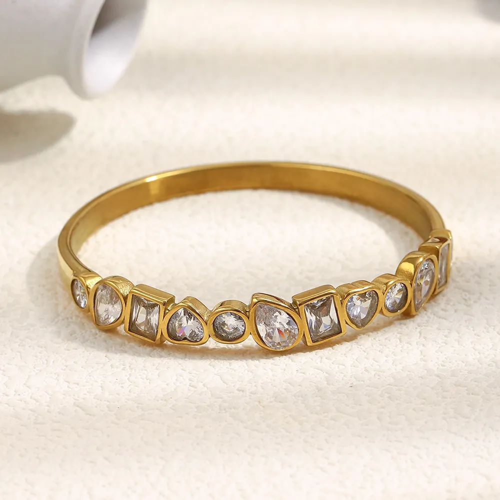 Elegant 18K Gold Plated Stainless Steel Bangle Bracelet For Women With Geometric Multi Shape Heart Pear Square Zirconia