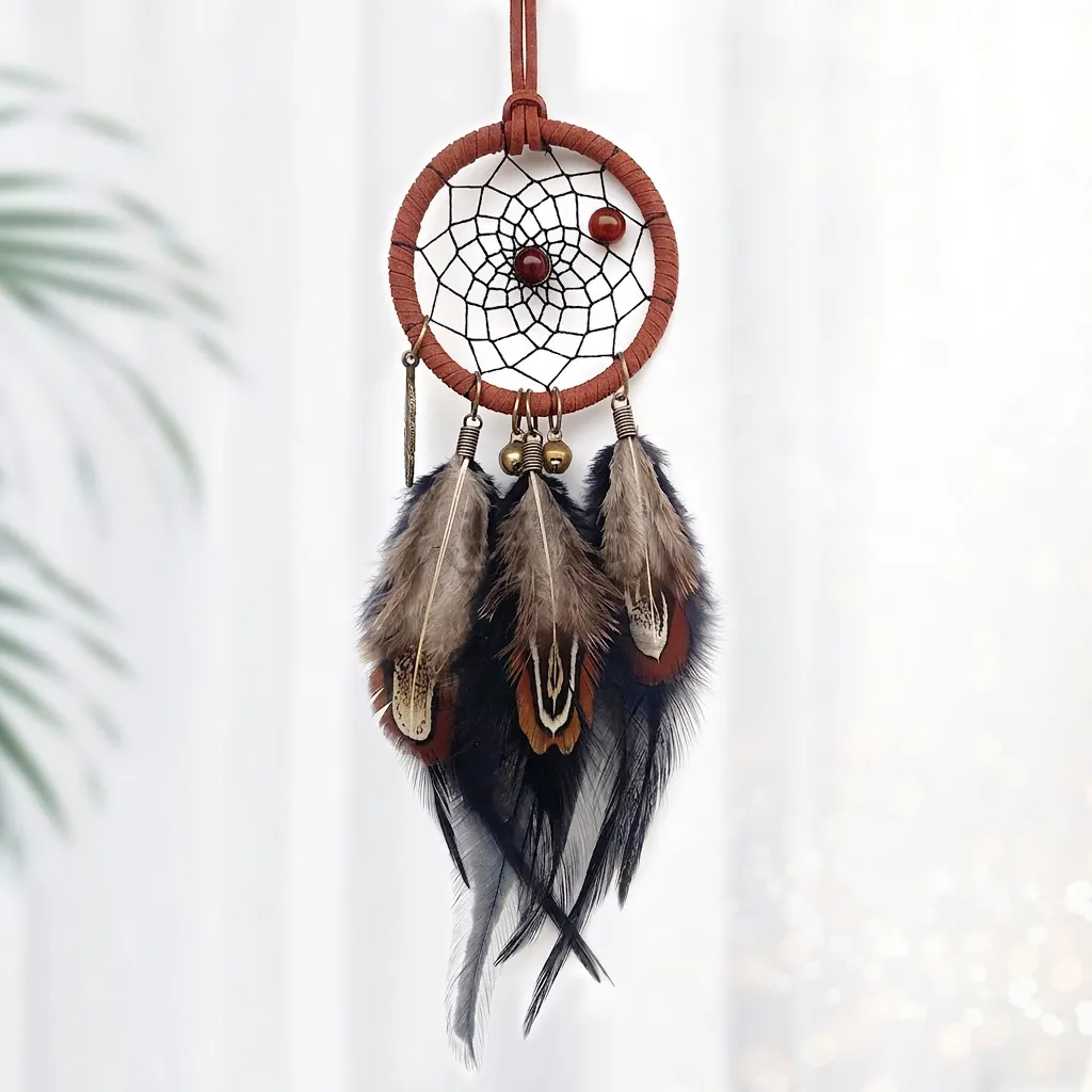 Handmade Dream Catcher Ornament Feather Leather Ring With Beads Bells For Car Interior Home Wall Hanging Decor