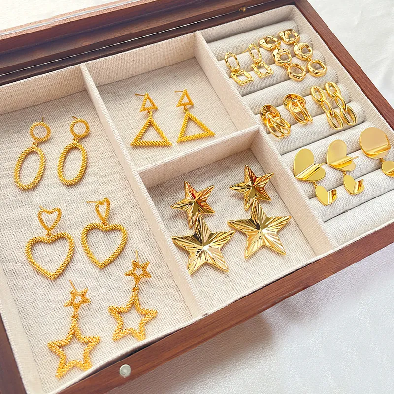 18K Gold Plated Copper Heart Star Geometric Dangle Earrings For Women Fashion Textured Hammered Drop Jewelry Gifts