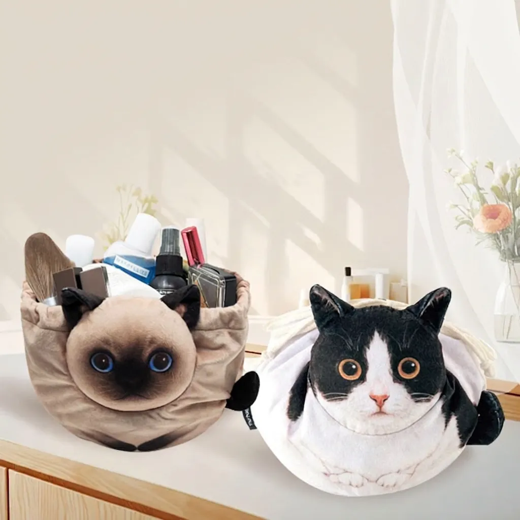 Cute Cat Face Shape Plush Drawstring Makeup Bag Realistic Print Soft Cosmetic Organizer Travel Toiletry Pouch For Women