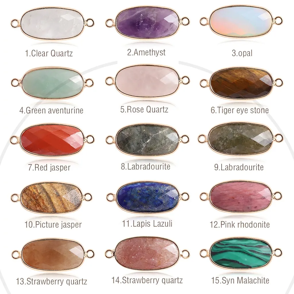 Oval Faceted Natural Crystal Stone Connectors With Gold Plated Copper Edge Double Loops DIY Jewelry Making