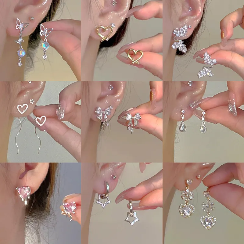 Fashion Alloy Rhinestone Butterfly Heart Star Stud Earrings With 925 Sterling Silver Earring Post For Women Jewelry Gift