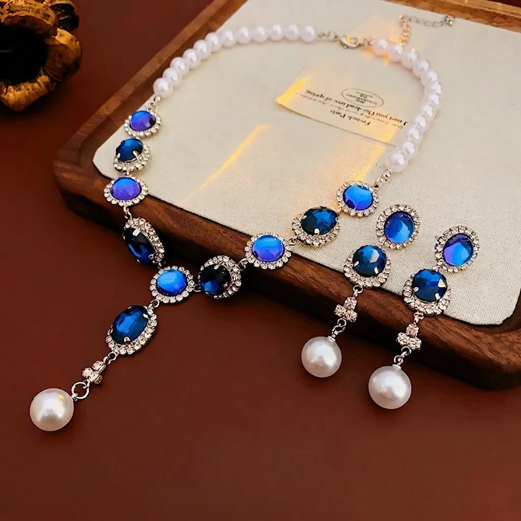 Collana E Orecchini Con Künstliche Perle E Strass Ovali Blu Per Donna Stile Lusso Vintage Con Perno In Argento Lega