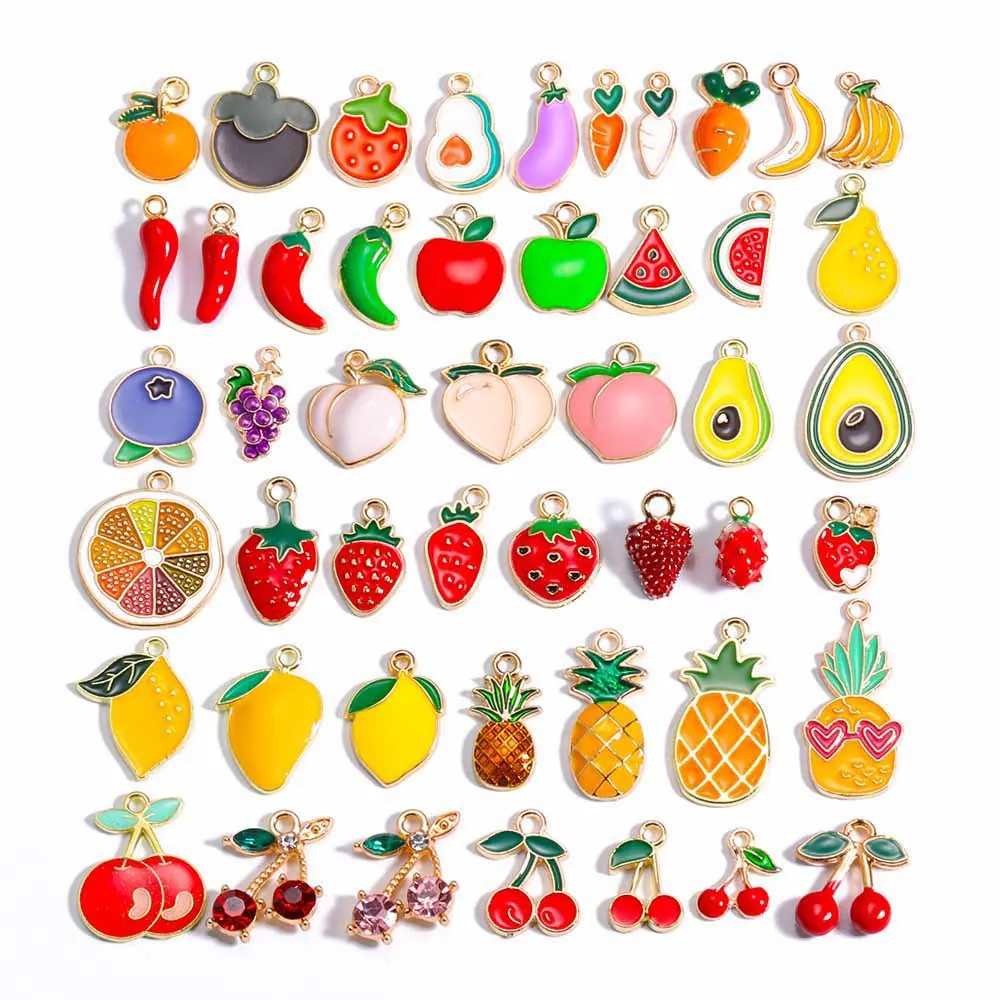 Alloy Enamel Fruit Pendants Strawberry Pineapple Cherry Lemon Watermelon Charms For DIY Necklace Earring Jewelry Making Accessories