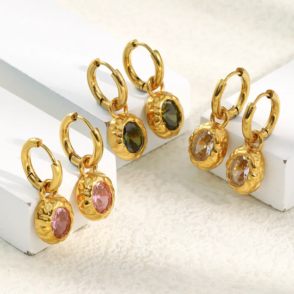 Stainless Steel Dangle Earrings 18K Gold Plated Hammered Texture Oval Zirconia Retro Elegant Fashion Jewelry For Women