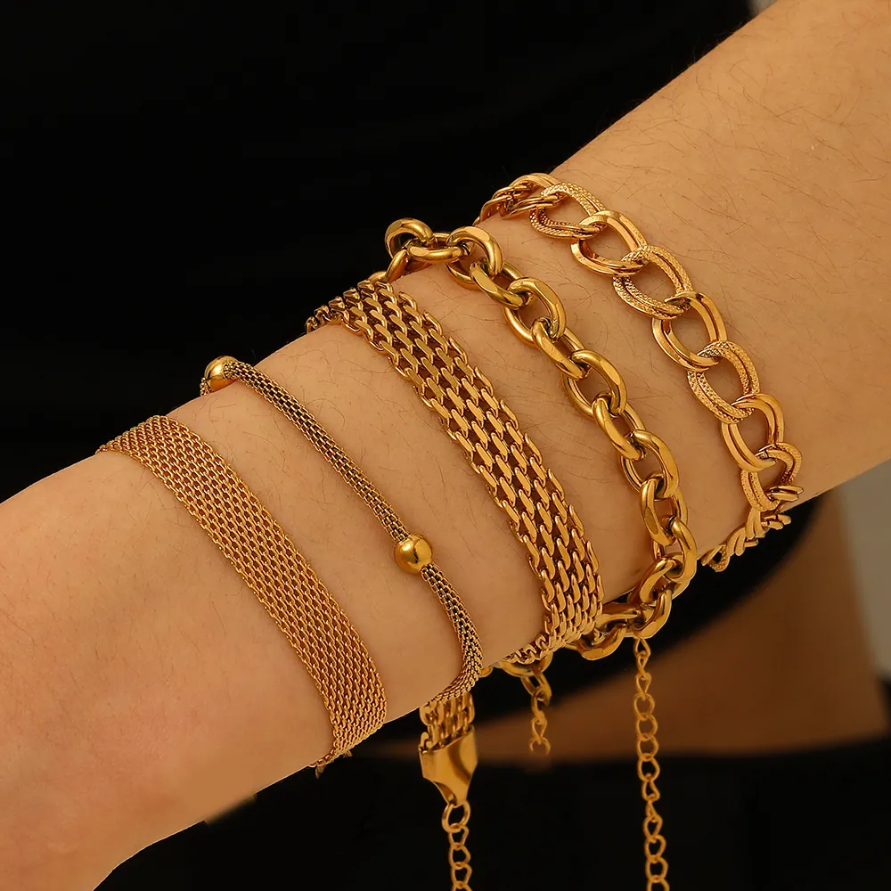 Minimalist Chain Bracelet 18K Gold Plated Stainless Steel Waterproof Tarnish Free Adjustable Jewelry For Women Men