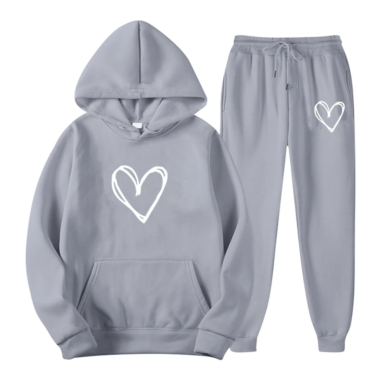 Hooded Sweatshirt And Sweatpants Polyester Cotton Blend Heart Print Long Sleeve Kangaroo Pocket Tracksuit For Men
