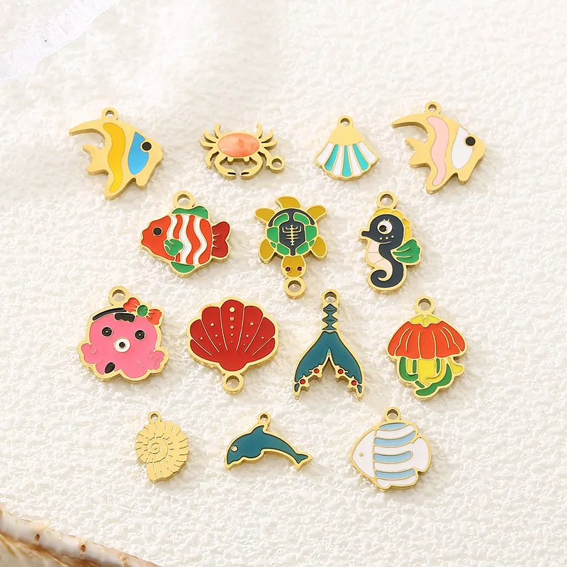 Ocean Animal Pendants Stainless Steel Enamel Marine Life Charms For Jewelry Making Colorful Sea Creature Decorations