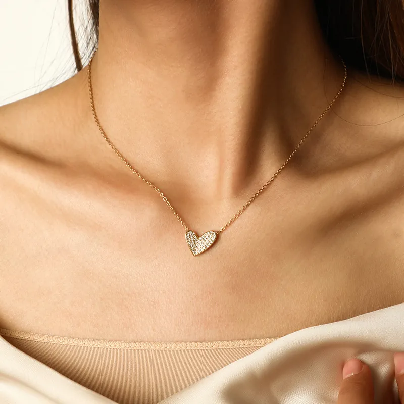 Elegant Heart Pendant Necklace And Bracelet Gold Plated Stainless Steel Micro Pave Zircon Jewelry For Women