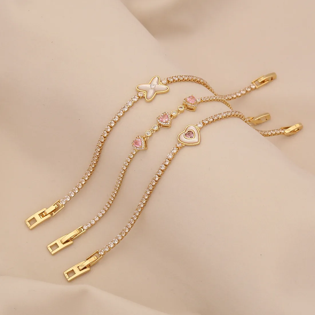 Elegante Bracciale In Rame Placcato Oro Con Cuore Zircone E Fiore In Madreperla Gioielli Catena Tennis Per Donna