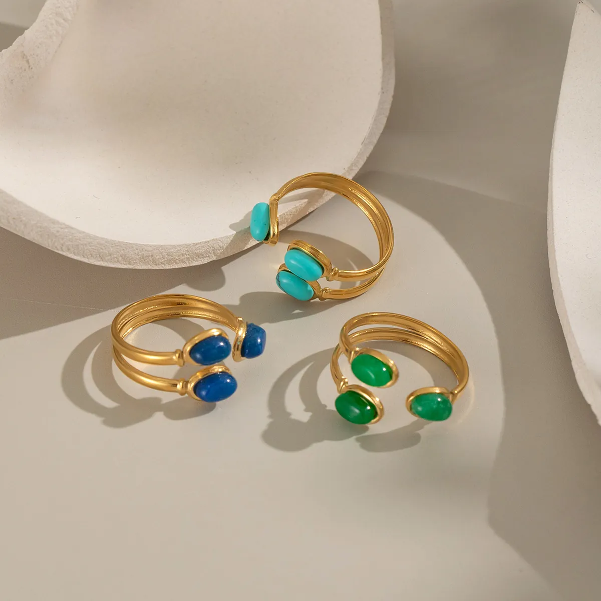 Bague Ajustable Femme Acier Inoxydable Pierre Naturelle Turquoise Lapis-Lazuli Aventurine Étanche Bijoux Retro