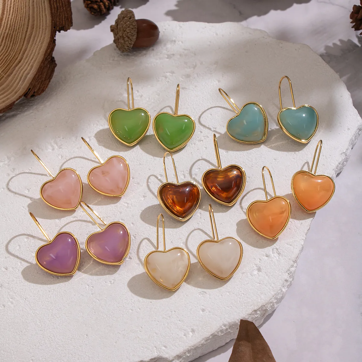 Boucles D'oreilles Pendantes Coeur Crochet En Acier Inoxydable Incrustation Résine Bijoux Colorés Pour Femmes