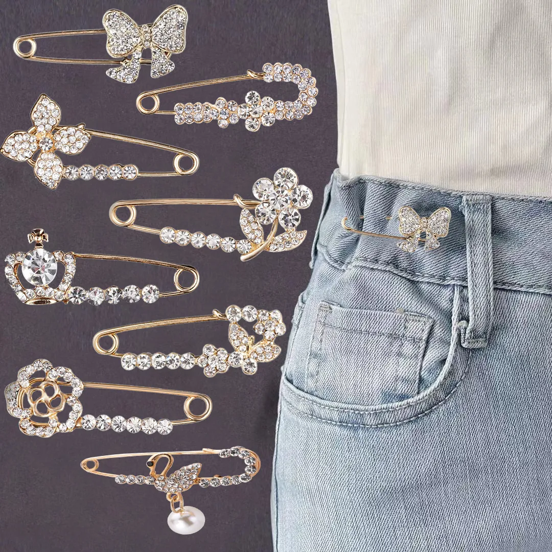 Crystal Rhinestone Swan Flower Brooch Pin Zinc Alloy Safety Pin For Women Clothing Anti-Exposure Waist Adjuster Jewelry Gift