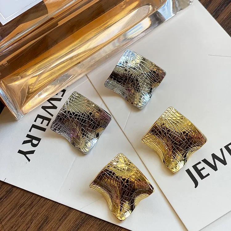 Irregular Wave Square Stud Earrings With 925 Sterling Silver Earring Post Vintage Geometric Textured Copper For Women