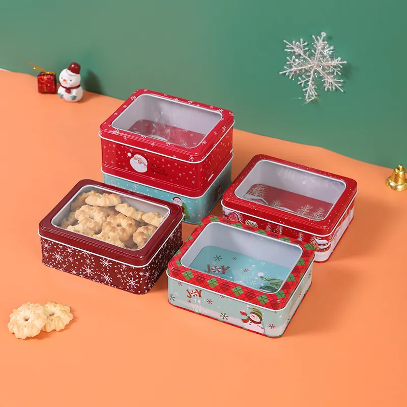 Christmas Tinplate Storage Box With Transparent Window Rectangular Cookie Candy Gift Packaging Case Festive Organization