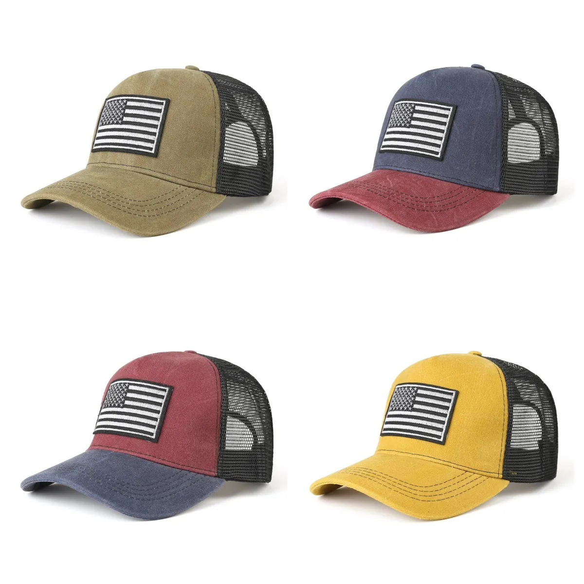 American Flag Patch Trucker Hat Mesh Back Breathable Baseball Cap Adjustable Contrast Color Outdoor Casual Sun Hat
