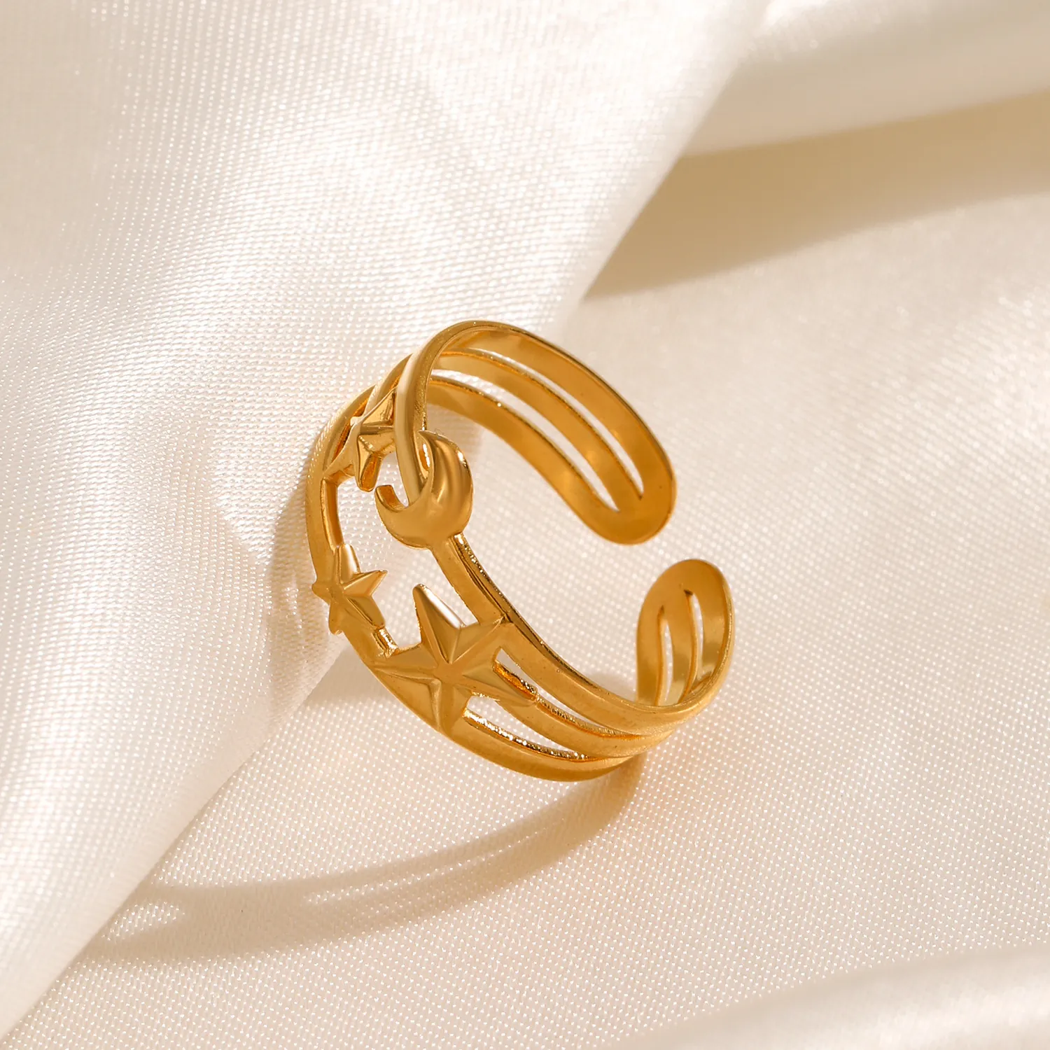 Vintage Star Moon Ring Stainless Steel Open Adjustable Multi Layer Finger Jewelry For Women Retro Elegant Aesthetic