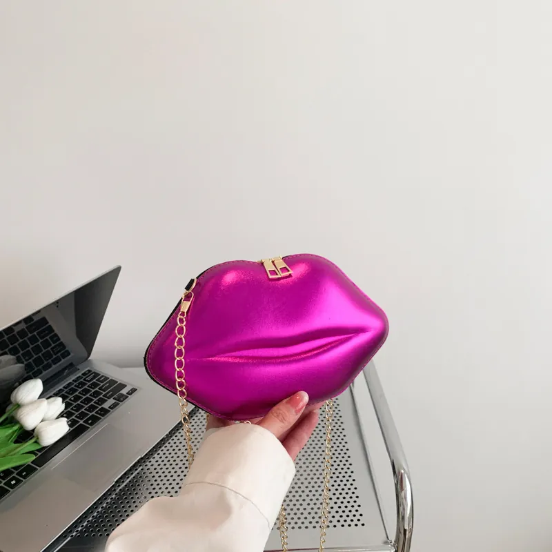 Lippenform Umhängetasche Metallic PU Leder Kleine Schulterkupplung Mit Goldkette Für Damen Mode Party