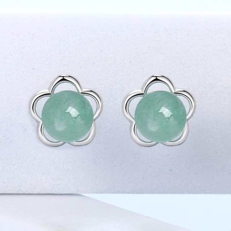 Flower Stud Earrings With 925 Sterling Silver Earring Post And Green Aventurine Retro Elegant Jewelry For Women