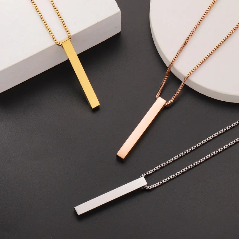 Minimalist 304 Stainless Steel Necklace With Vertical Bar Pendant Mirror Polished Geometric Rectangular Column Jewelry