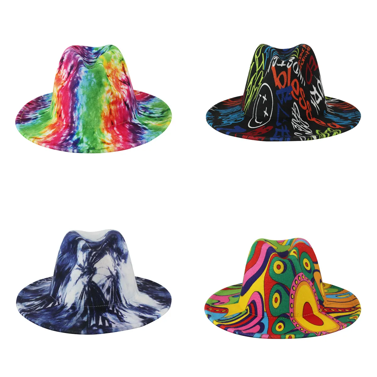 Fashionable Polyester Wide Brim Fedora Hat With Tie-Dye Graffiti Leopard Print Trendy Streetwear Jazz Hat For Men Women