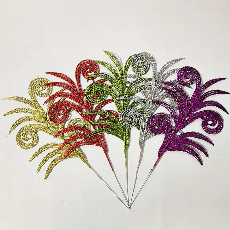 Glitter Christmas Tree Decoration Leaves Hollow Out Artificial Plant Picks Plastic Floral Branches Holiday Decor