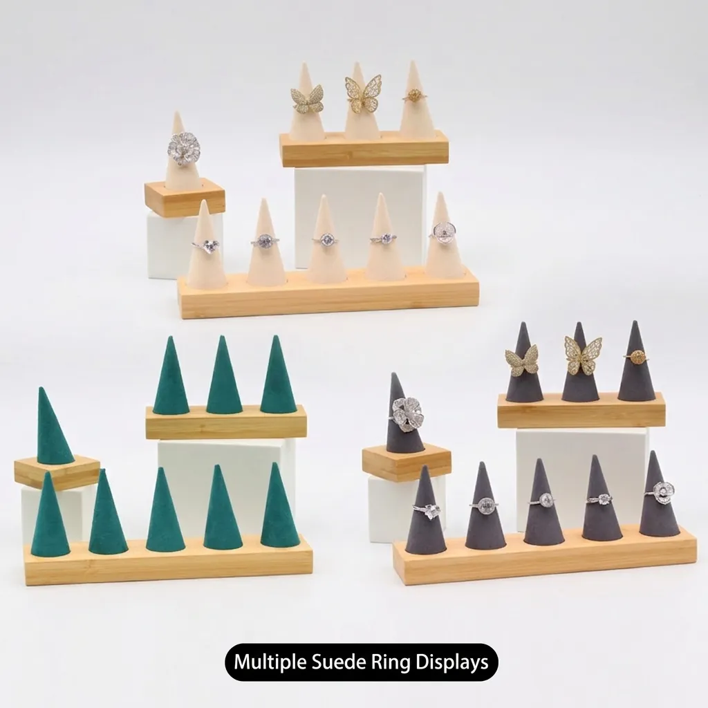 Ring Display Stand Holder Conical Bamboo Wood Base Microfiber Velvet Jewelry Showcase Organizer Rack Elegant For Store
