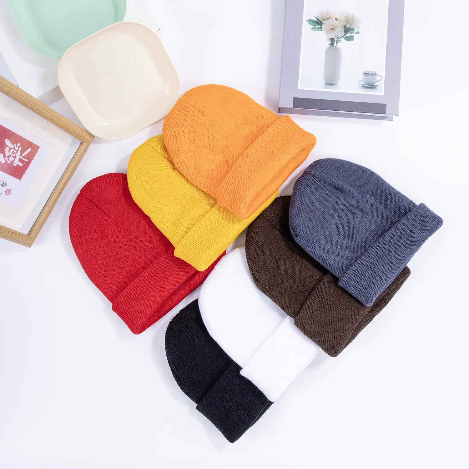 Solid Color Ribbed Knit Beanie For Men Women Winter Warm Windproof Folded Cuff Acrylic Skull Cap Outdoor Daily Casual Accessory