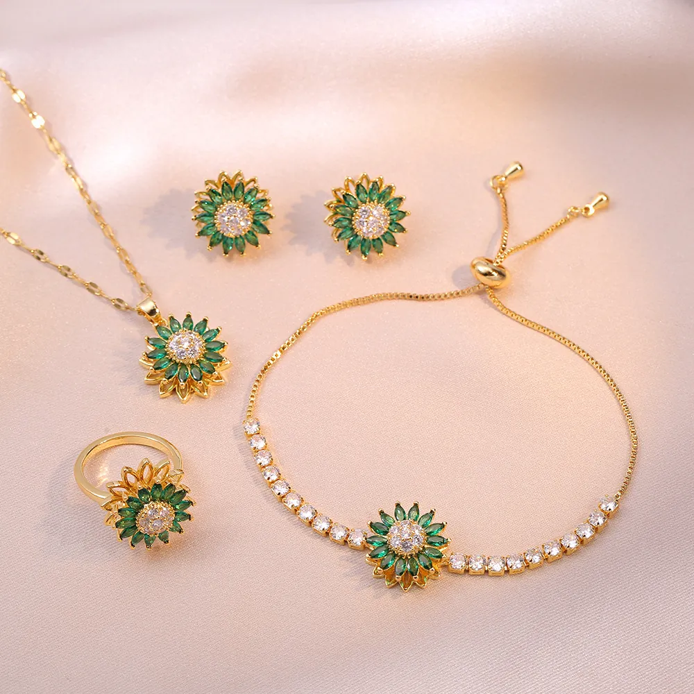 Sunflower Necklace Bracelet Ring And Earrings Titanium Steel Emerald Green Zirconia Floral Jewelry Women Elegance