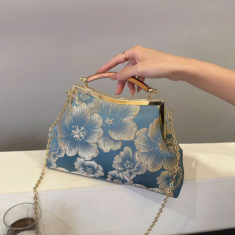 Vintage Embroidered Satin Shell Handbag With Wooden Handle And Metal Chain Strap Floral Pattern Elegant Evening Bag For Women