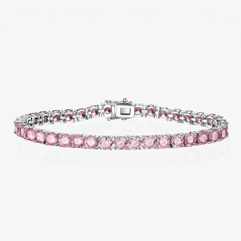 Bracciale da Tennis in Argento Sterling 925 con Strass Rosa a Taglio Rotondo Catena Luccicante Gioielli Moda Hip Hop da Donna