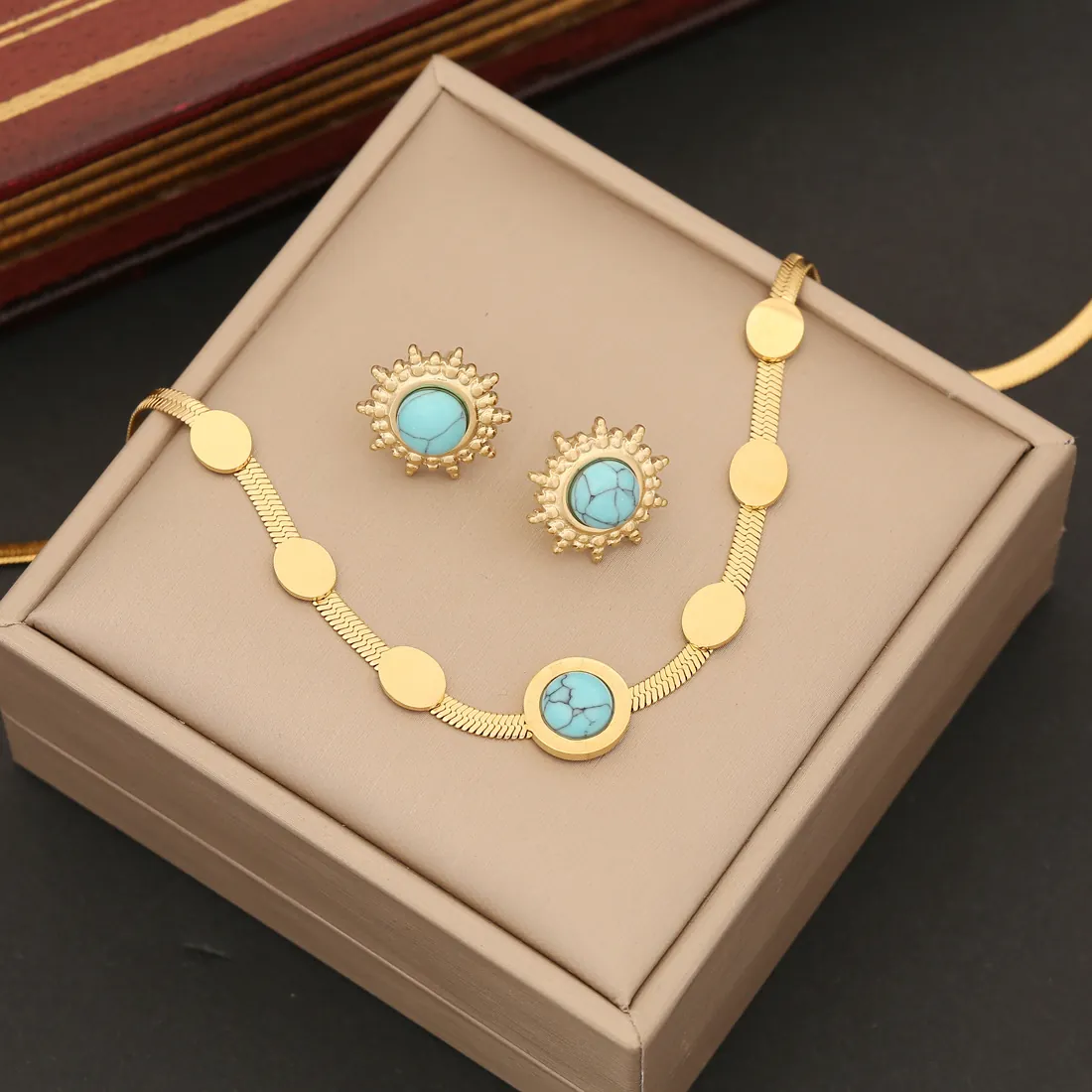 Collana Bracciale Orecchini Pendente Turchese Tondo Acciaio Inossidabile Placcato Oro Numeri Romani Gioielli Per Donna