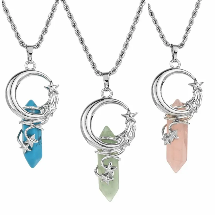Collier Pendentif Colonne En Pierre Naturelle Hexagonale Lune Étoile Enveloppe De Cuivre Acier Inoxydable Femmes
