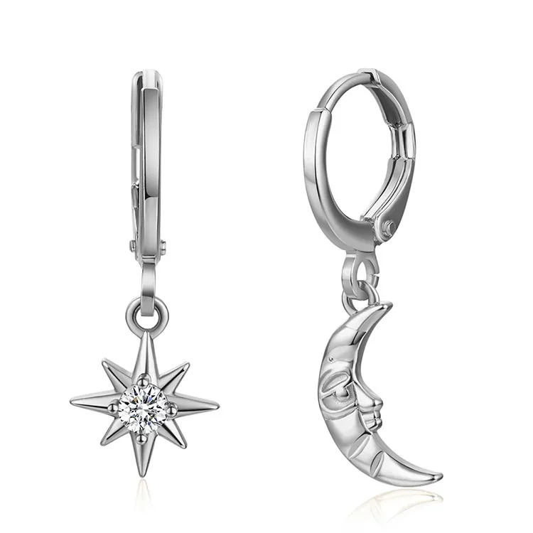 Asymmetric Star And Moon Hoop Earrings Copper With Zircon Inlaid Vintage Fairy Tale Style For Women