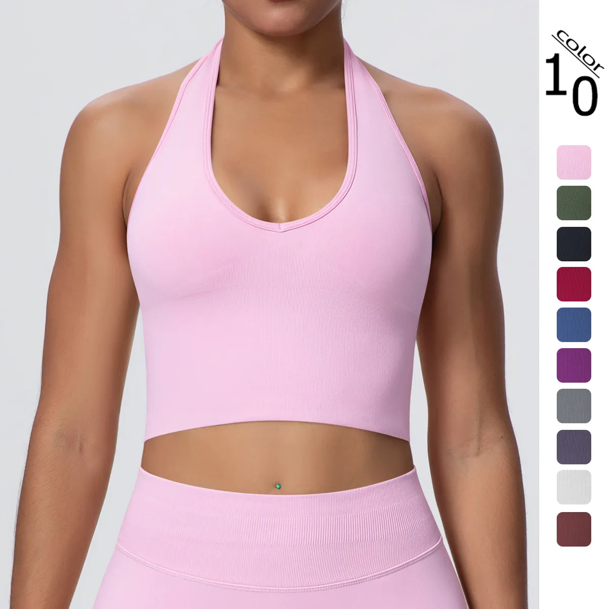 Halter Neck Sports Bra Ribbed Seamless Yoga Crop Top Breathable Backless Fitness Gym Workout Vest Women