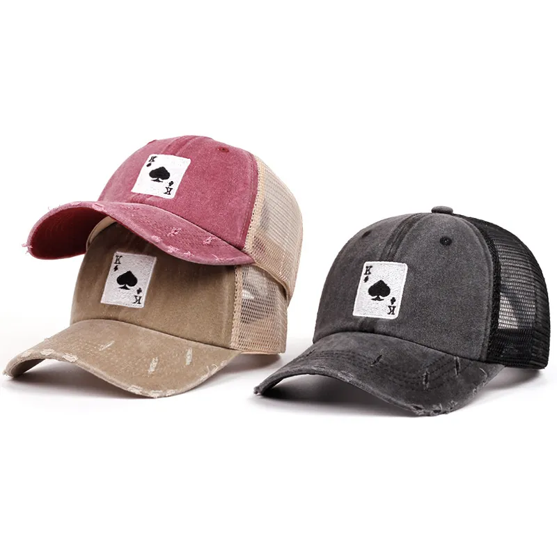 Distressed Verwaschene Baumwolle Baseballkappe Vintage Trucker Hut Poker King Stickerei Verstellbar Mesh Unisex