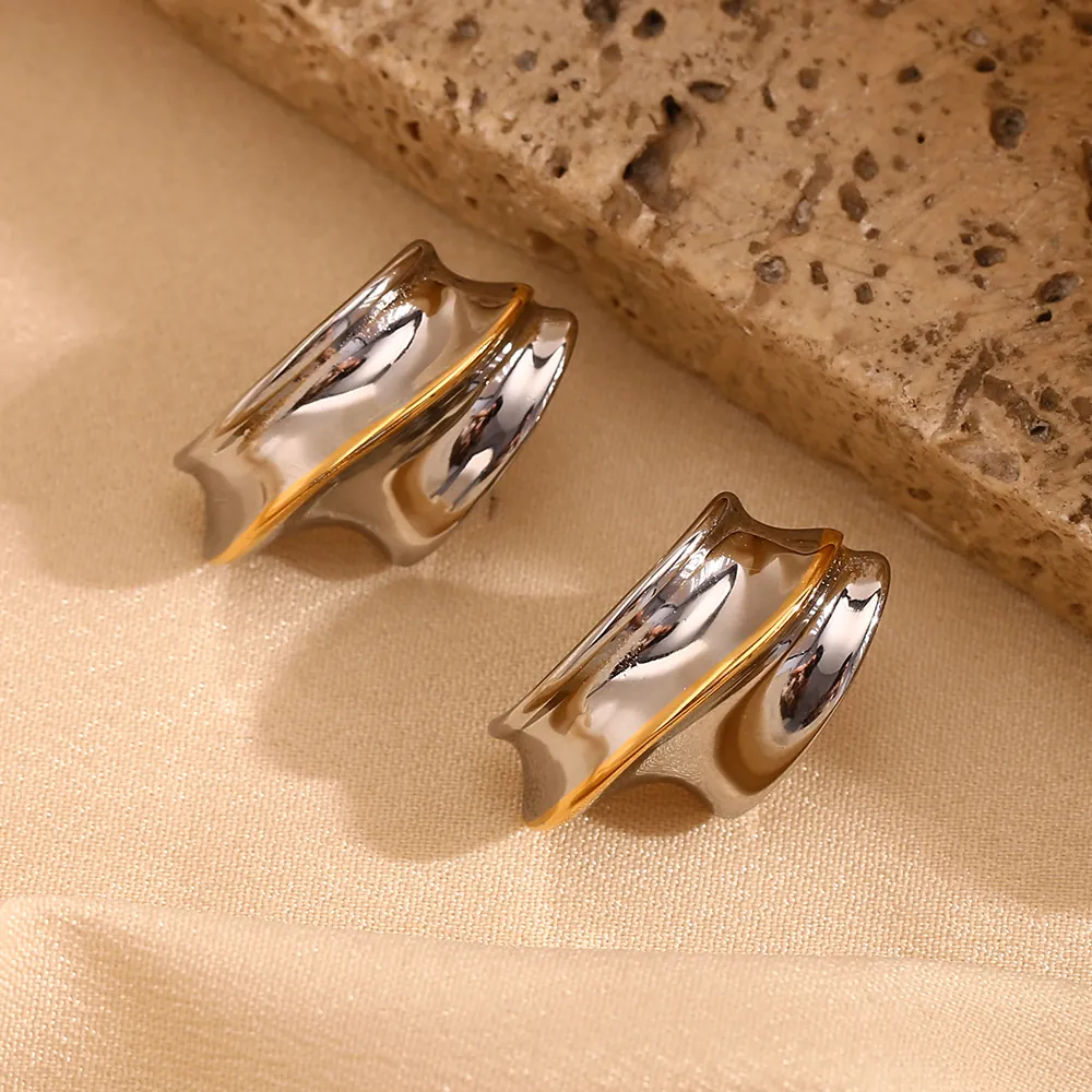 Knight Helmet Stud Earrings 18K Gold Plated Stainless Steel Irregular Wave Geometric Two Tone Modern Minimalist For Women